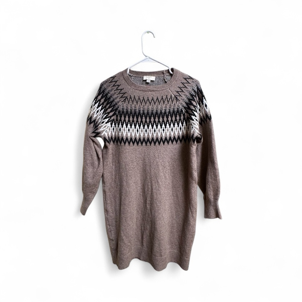 LOFT Outlet Petite Sweater Dress LP Taupe Fair Isle Knit Long Sleeve